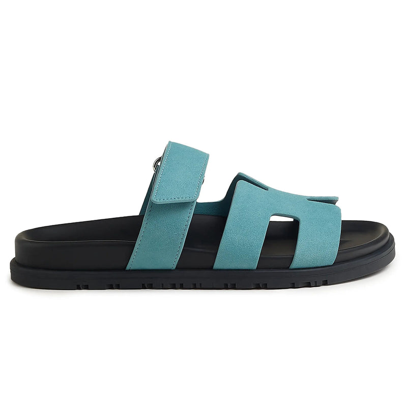 Hermes Paris Chypre Suede Goatskin Blue Mineral Sandals