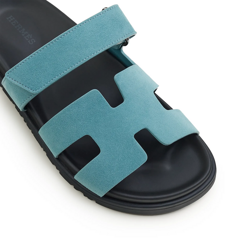 Hermes Paris Chypre Suede Goatskin Blue Mineral Sandals